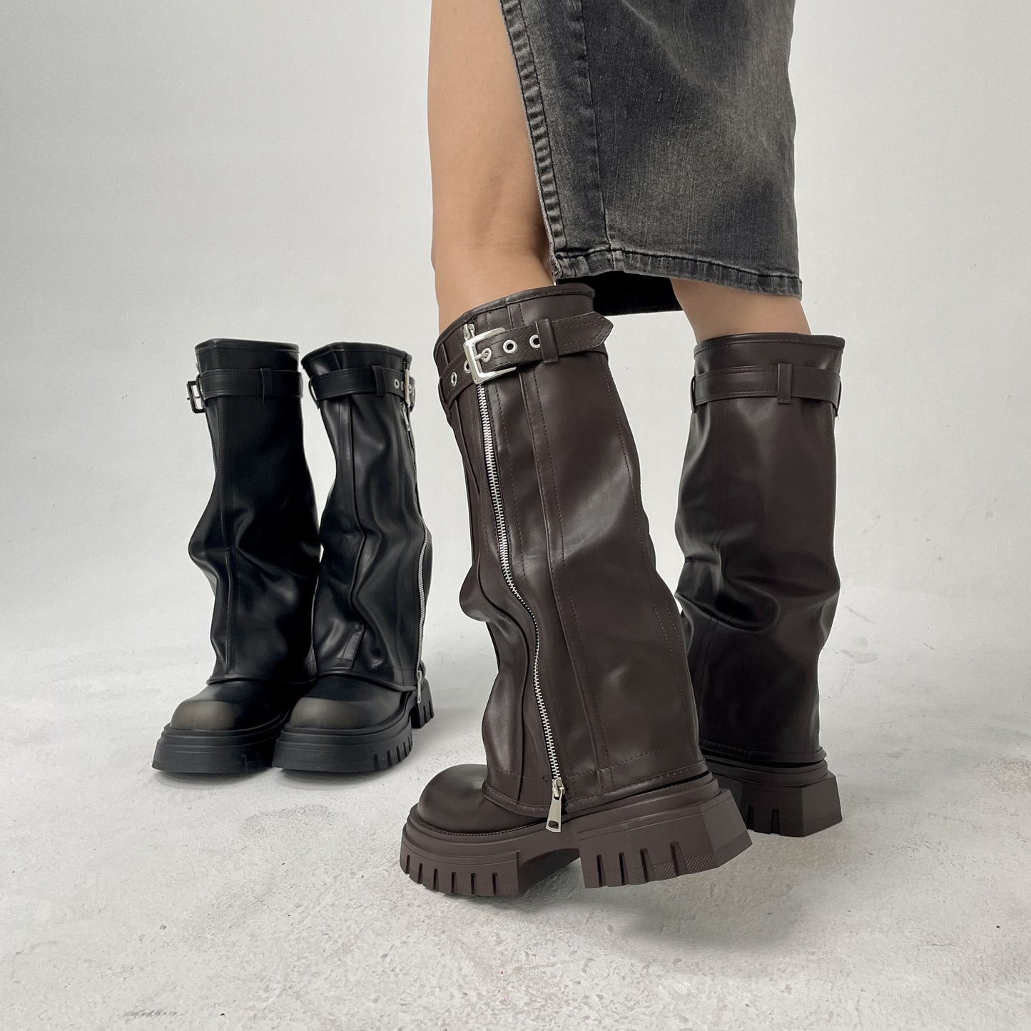 Knee-high Platform Fold Over Chunky Boots