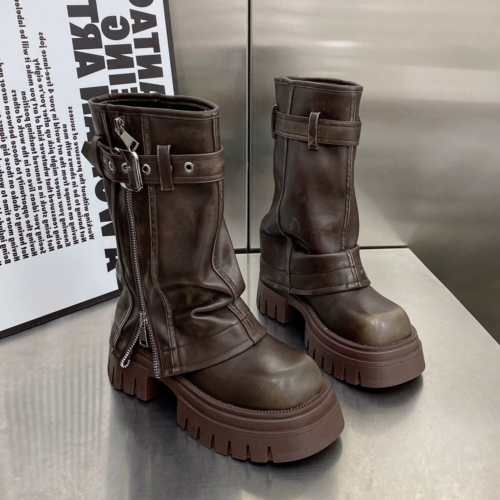 Platform Fold Over Chunky Mid-Calf Vegan Leather Boots