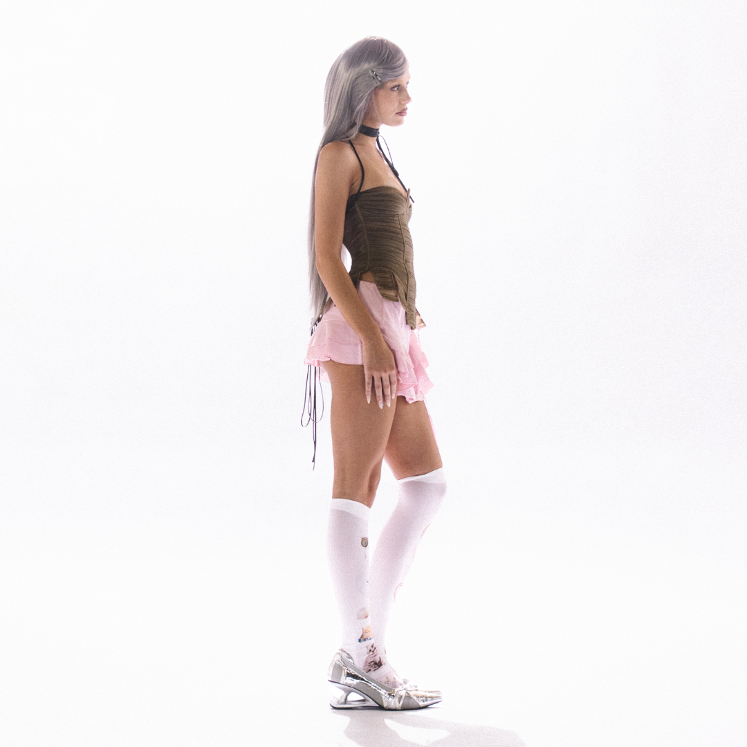 fashion model wearing silver walkable heels outfit styling