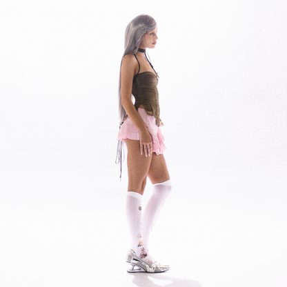 fashion model wearing silver walkable heels outfit styling