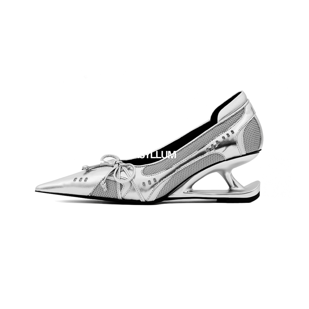 silver sculptural low heel pumps with breathable mesh panels