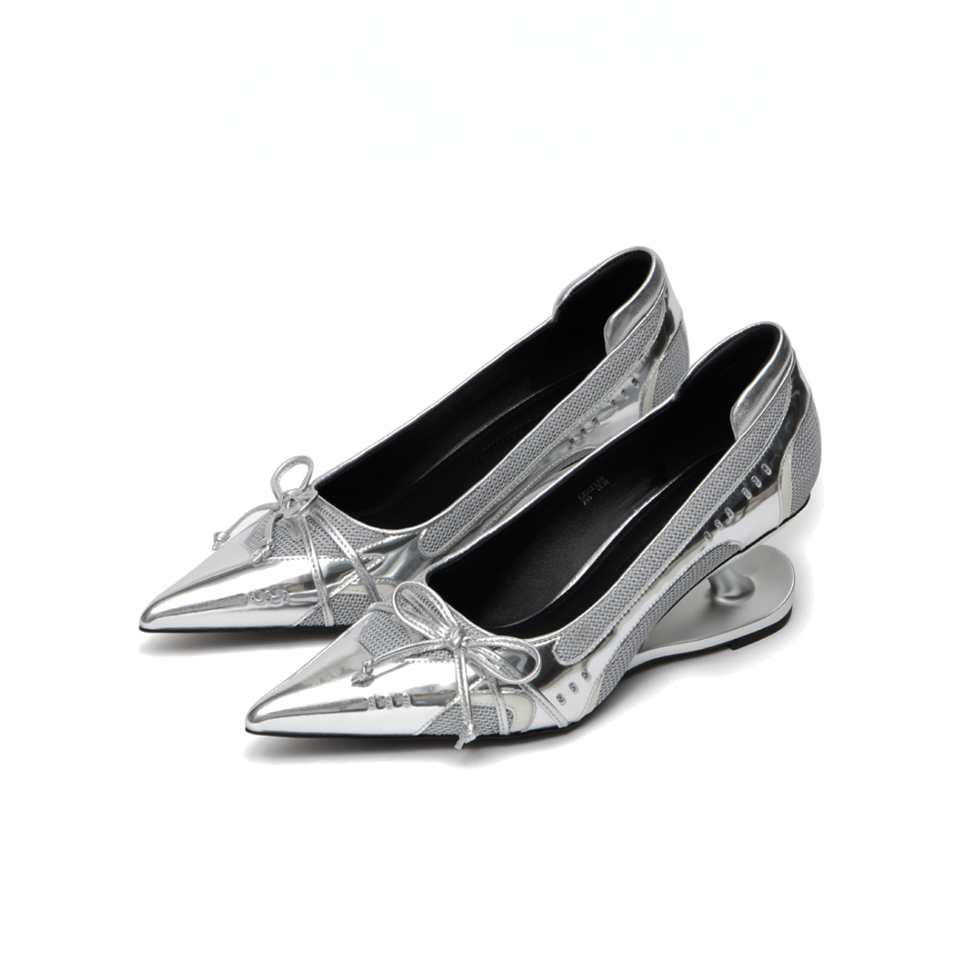 silver modern sculptural heels pair product shot