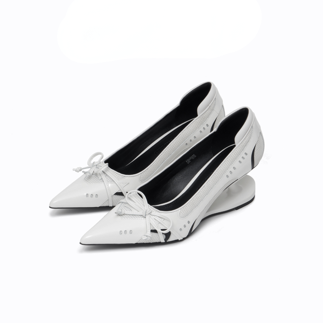 white pointed toe comfortable low heels pair