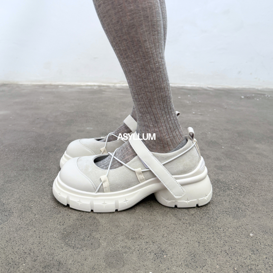 white chunky mary jane sneakers styling side view