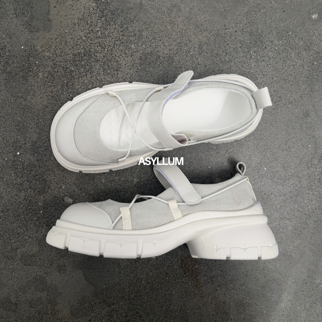 white chunky mary jane sneakers top and side view