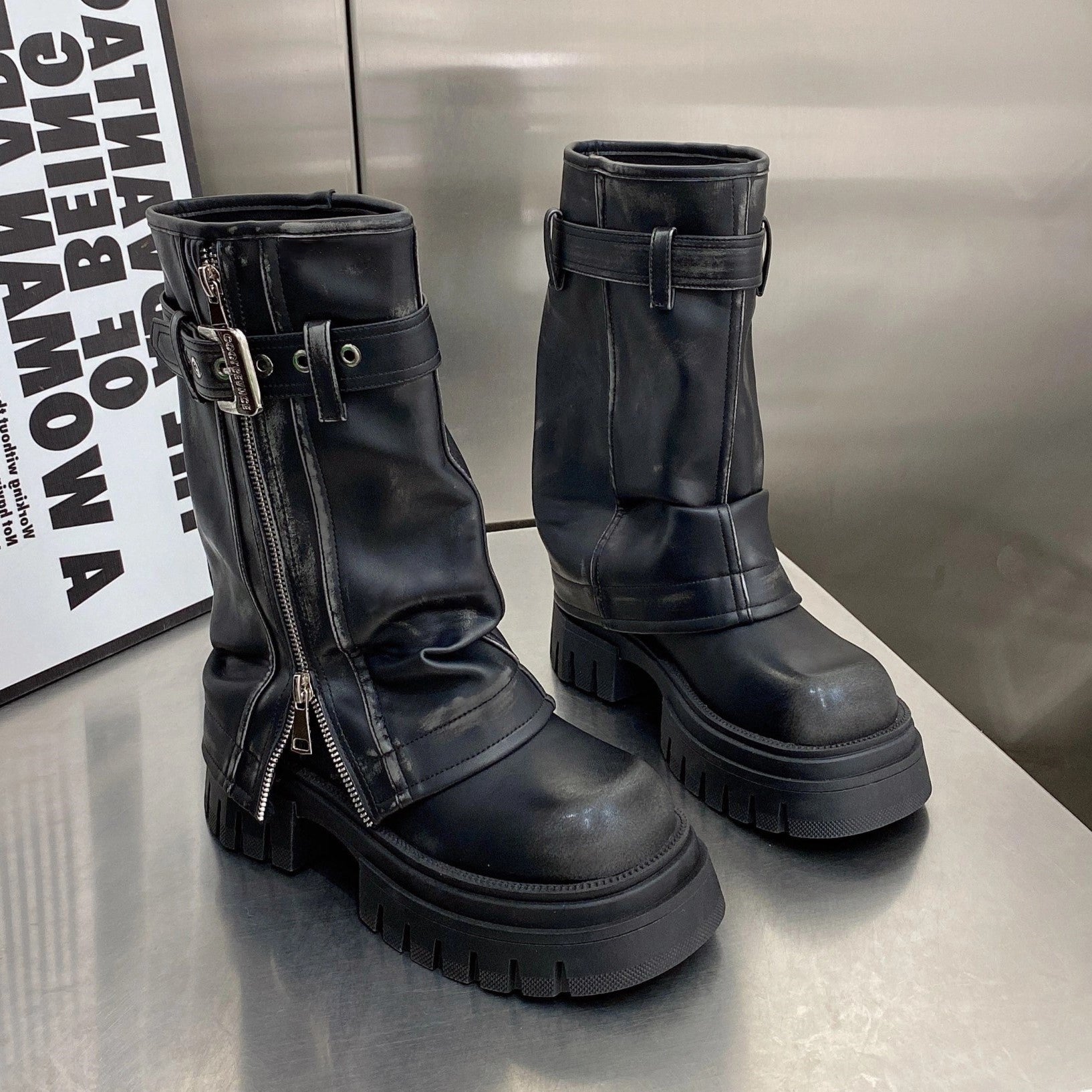 Platform Fold Over Chunky Mid-Calf Vegan Leather Boots – Asyllum