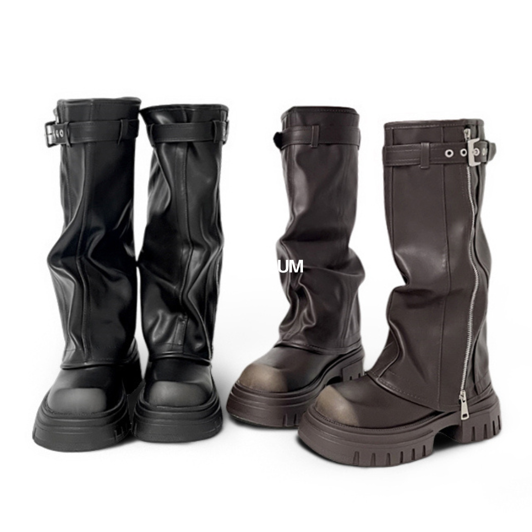 black and brown knee high fold over boots side by side