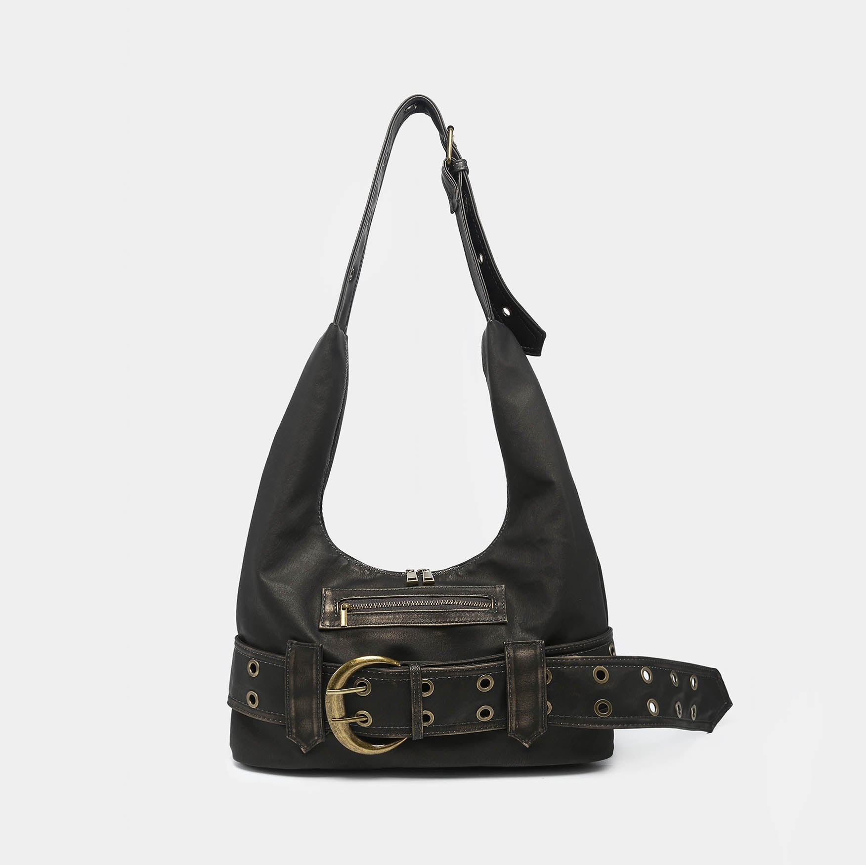 black y2k hobo shoulder bag with statement buckle