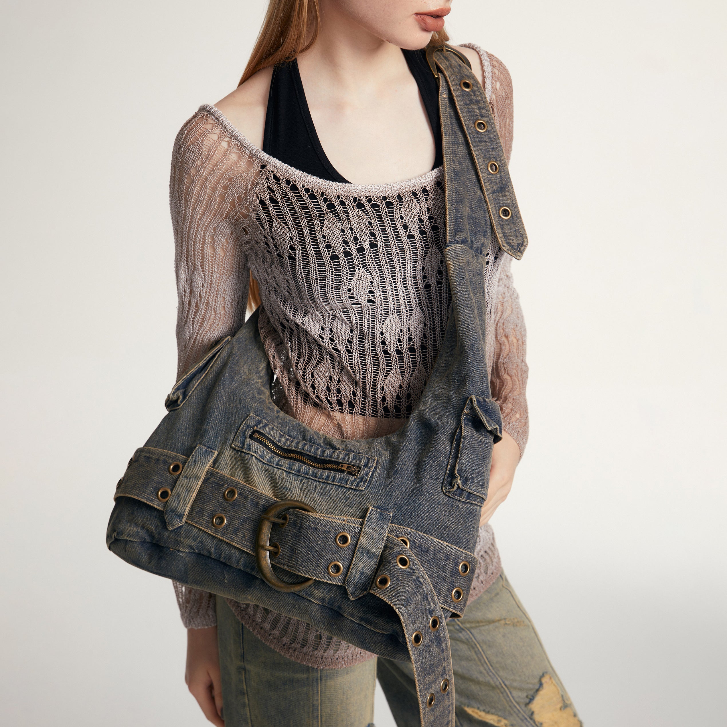 distressed denim y2k hobo bag street style outfit