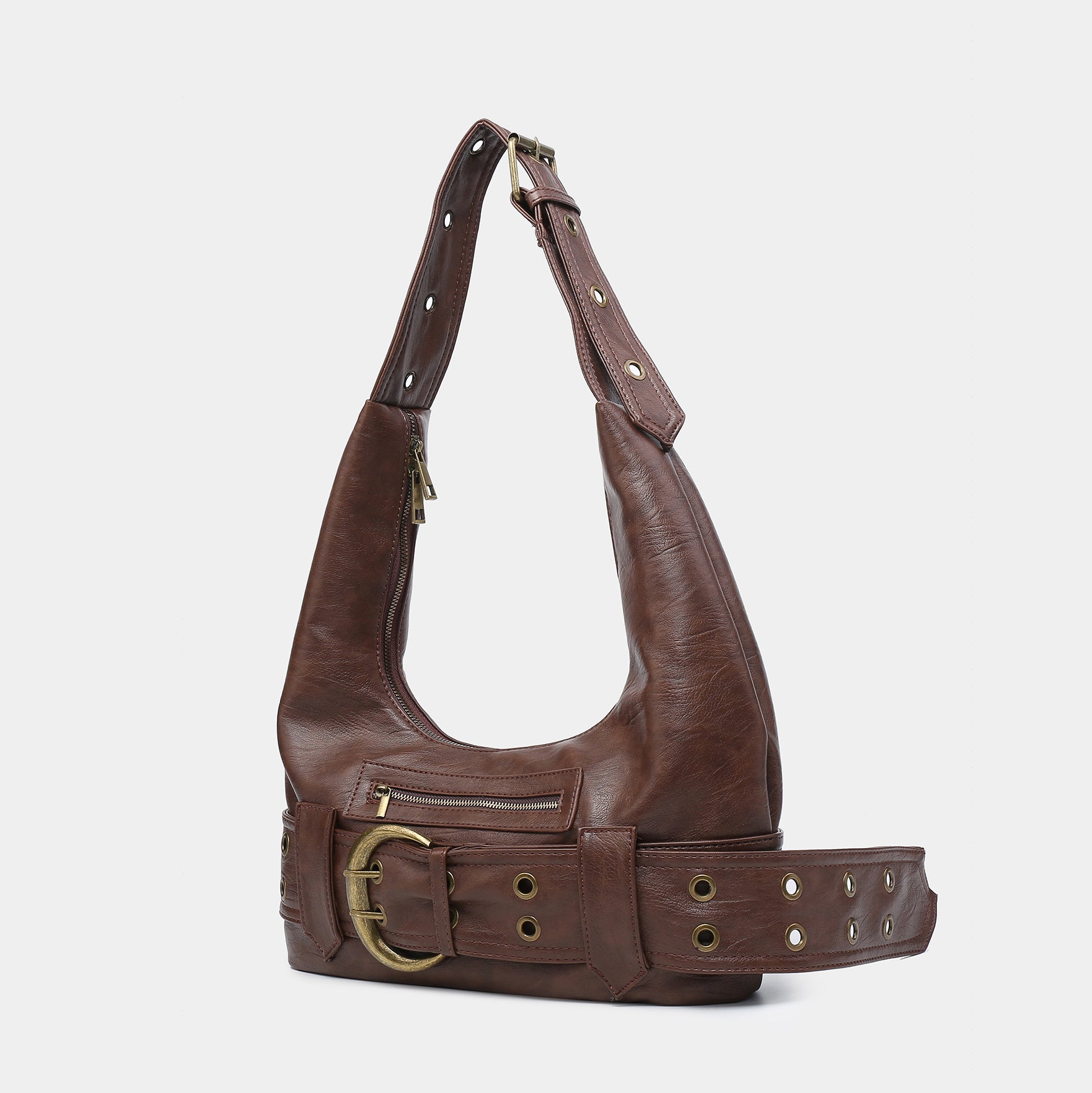 brown vintage hobo bag with statement buckle
