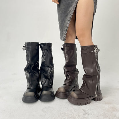 Knee-high Platform Fold Over Chunky Boots