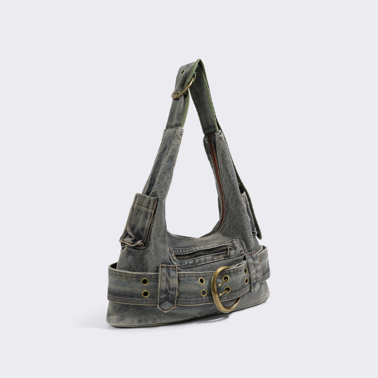 distressed demin hobo bag with buckle